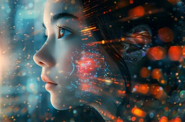 Woman with glowing eyes and face, radiating light.