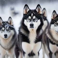 Huskies in a snowy weather 