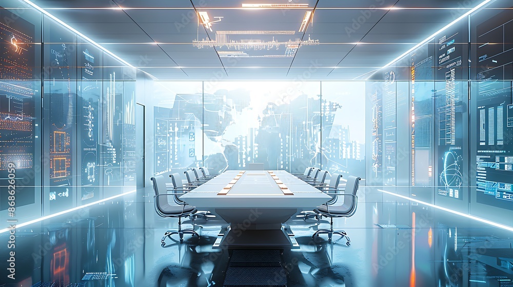 Poster high resolution images a futuristic boardroom with executives using an ai assistant to review financ