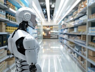 Fototapeta premium Futuristic robot navigating aisles in a modern supermarket, illustrating advanced AI technology and automation in retail shopping.