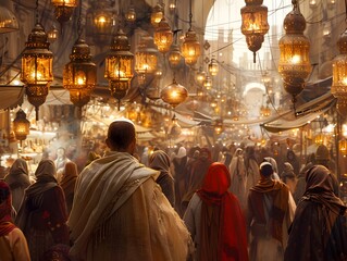 Obraz premium Vibrant Interstellar Merchant Bazaar with Diverse Goods and Charismatic Atmosphere