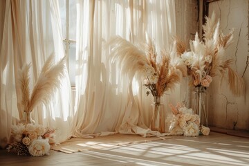 beautiful boho & Beige wedding backdrop with large pampas grass, roses and peonies in vases on the floor, delicate beige curtains, sunlight from window, professional photography, high resolution 