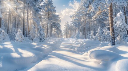 Obraz premium A serene snowy forest with towering pine trees, a blanket of fresh snow, and a quiet, peaceful atmosphere.