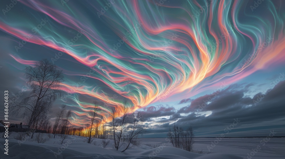 Aufkleber polar stratospheric clouds, vibrant and iridescent, float against a twilight sky, creating an otherw