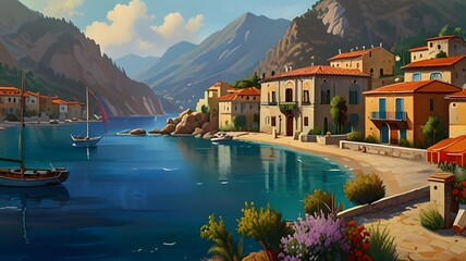 A little town on the Mediterranean Sea with a lovely beach, mountains in the distance, and lovely summer weather is depicted in this oil painting. style of abstract oil painting