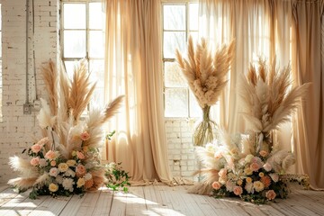 beautiful boho & Beige wedding backdrop with large pampas grass, roses and peonies in vases on the floor, delicate beige curtains, sunlight from window, professional photography, high resolution 