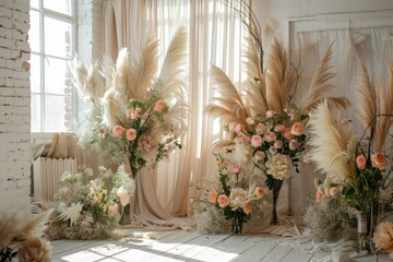 beautiful boho & Beige wedding backdrop with large pampas grass, roses and peonies in vases on the floor, delicate beige curtains, sunlight from window, professional photography, high resolution 
