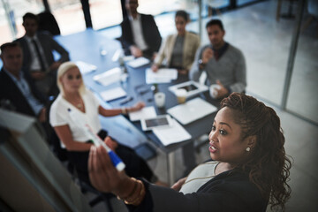 Business people, presentation and woman with brainstorming, coaching and feedback with report....