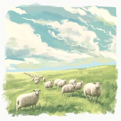 Obraz premium Flock of sheep, grassland and white clouds. Illustration of a serene pasture setting. Landscape