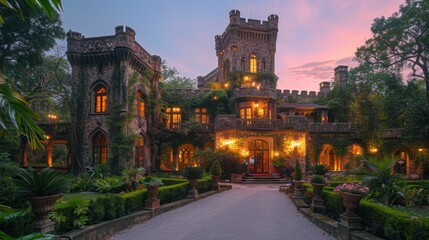 Obraz premium A majestic castle surrounded by lush gardens and mystical lights, evoking a sense of fairy tale wonder. The serene setting captures the essence of enchanted dreams.