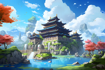 anime style illustrated temple, temple animated illustration anime style