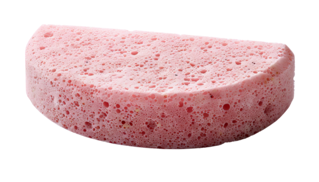 Close-up of a pink cleaning sponge with a textured surface. Perfect for household chores, kitchen cleaning, and general sanitation tasks.