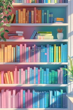 Colorful illustration of a bookshelf filled with vibrant books in a cute realistic 3D drawing style