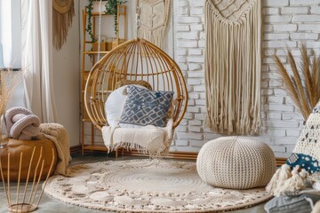 bohemian interior design style- reading nook with a hanging rattan chair, cozy floor pouf, and a macrame wall hanging