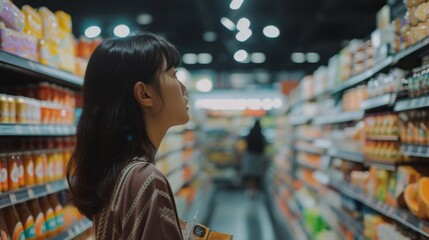 Fototapeta premium An Asian woman is shopping in a wellstocked grocery store carefully making decisions on products and brands