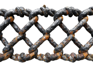 Close-up of a rusted chain link fence, showcasing detail and texture of weathered metal intertwined in a diamond pattern.