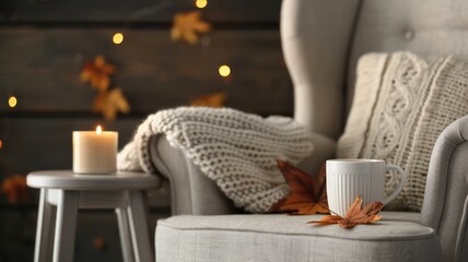 A chair with a white blanket and a leaf on it. A candle is lit on a table next to the chair