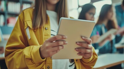 A group of students and their teacher are using tablets for educational purposes in a modern classroom