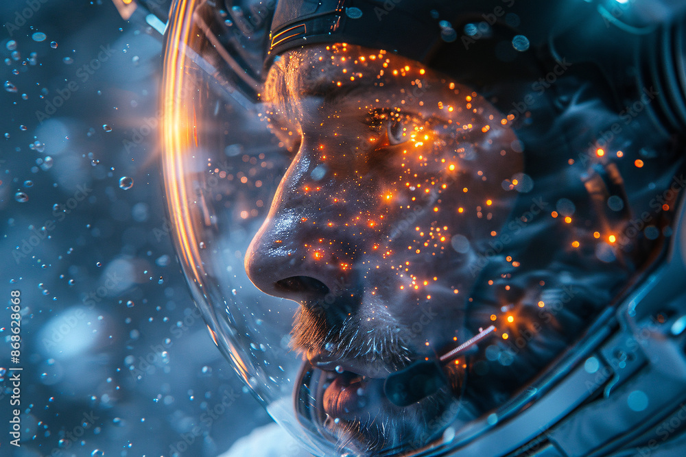 Poster a close-up of an astronaut's face within a helmet, illuminated by orange lights and surrounded by fl