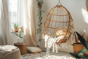 bohemian interior design style- reading nook with a hanging rattan chair, cozy floor pouf, and a macrame wall hanging