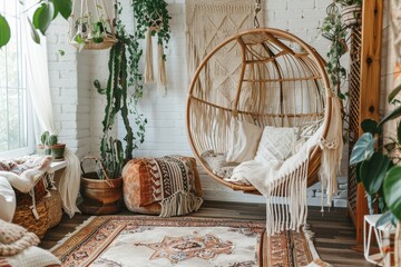 bohemian interior design style- reading nook with a hanging rattan chair, cozy floor pouf, and a macrame wall hanging
