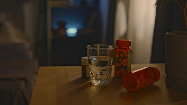 No people shot of glass of water and various sedative drugs on table in bedroom, lowkey