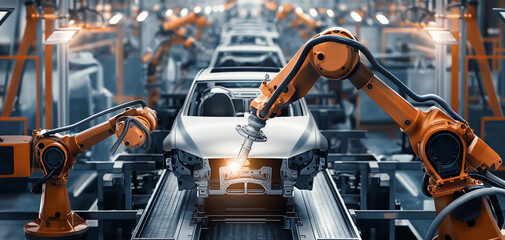 Fototapeta premium Robotic assembly line in an automotive factory