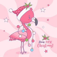 Cute Christmas pink flamingo in Santa hat with festive garland. Funny holiday cartoon kawaii bird character. Vector illustration. Cool Xmas card