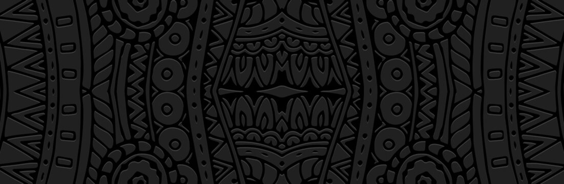 Banner, cover design. Relief geometric ethnic decorative 3D pattern on a black background. Ornaments, arabesques, doodles, zentangles. Handmade style of East, Asia, India, Mexico, Aztec, Peru.