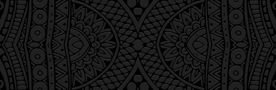 Banner, cover design. Relief geometric ethnic original 3D pattern on a black background. Ornaments, arabesques, doodles, zentangles. Handmade style of East, Asia, India, Mexico, Aztec, Peru.