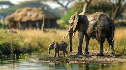 Fototapeta premium A mother elephant walks by her baby in a beautiful farm by the pool of water very detailed and realistic shape