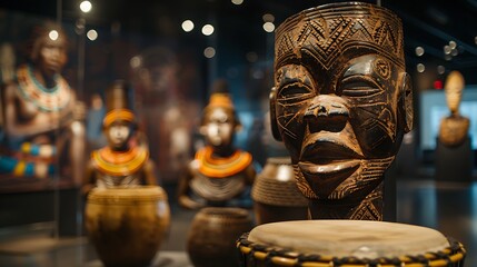 A museum exhibit showcasing a traditional African mask alongside a modern steelpan, highlighting the cultural connection and resilience of African heritage