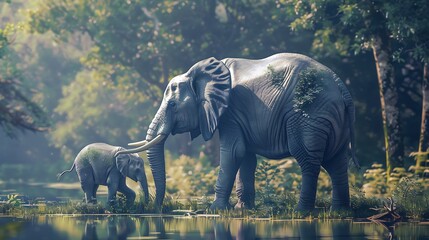 Fototapeta premium A mother elephant walks by her baby in a beautiful farm by the pool of water very detailed and realistic shape