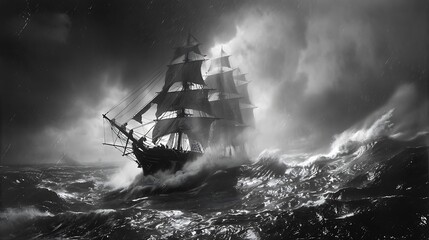 A dramatic black-and-white image of a slave ship on a stormy sea, representing the horrors of the transatlantic slave trade