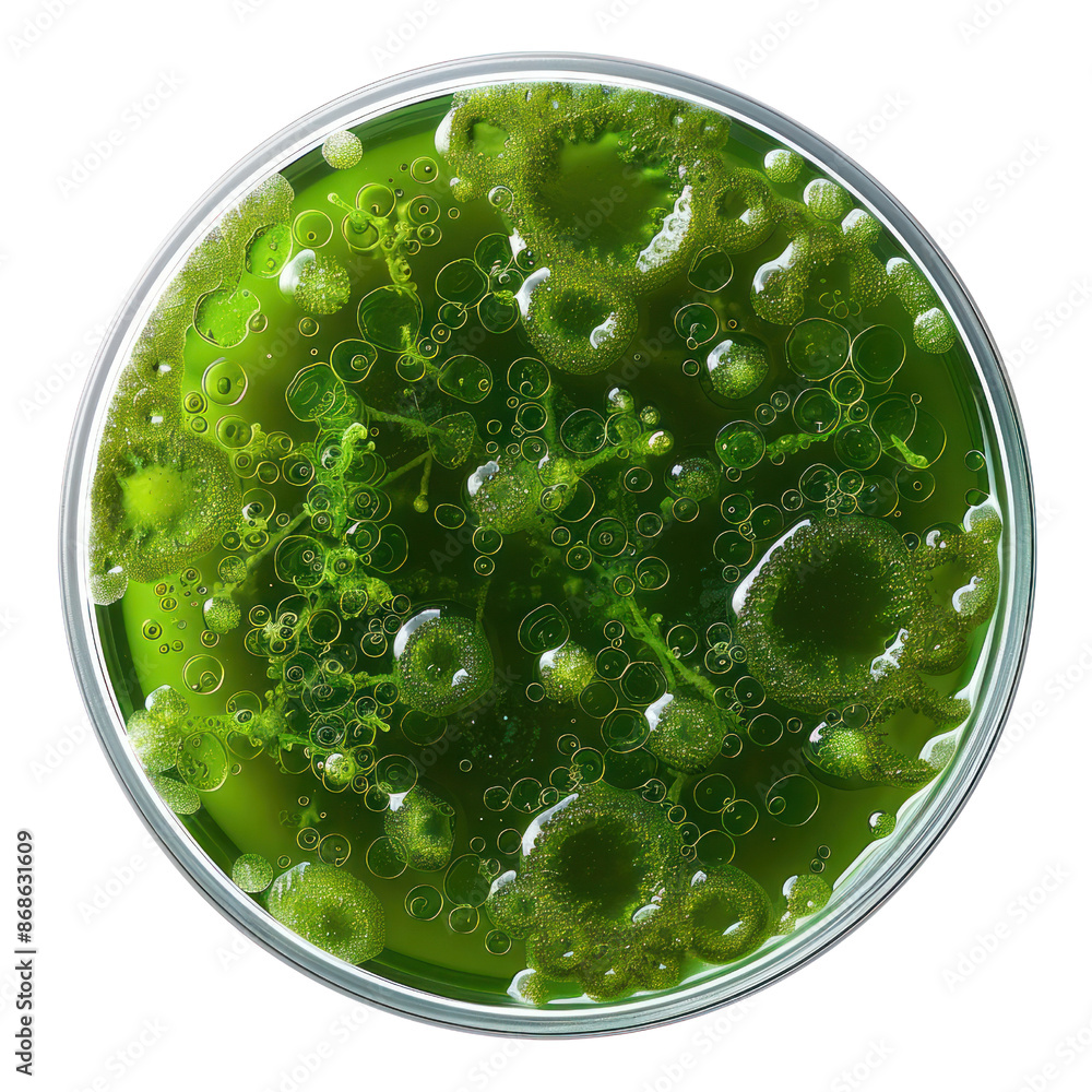 Poster microscope view of green microalgae, showing detailed cellular structures, bubbles, and patterns in 