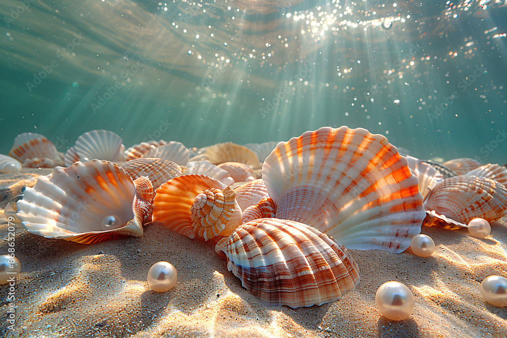 Poster an underwater close-up of various seashells and pearls on sandy ocean floor, with sunlight creating 