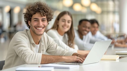 A high-definition close-up photo of a multicultural group of students collaborating on a digital project using laptops and tablets