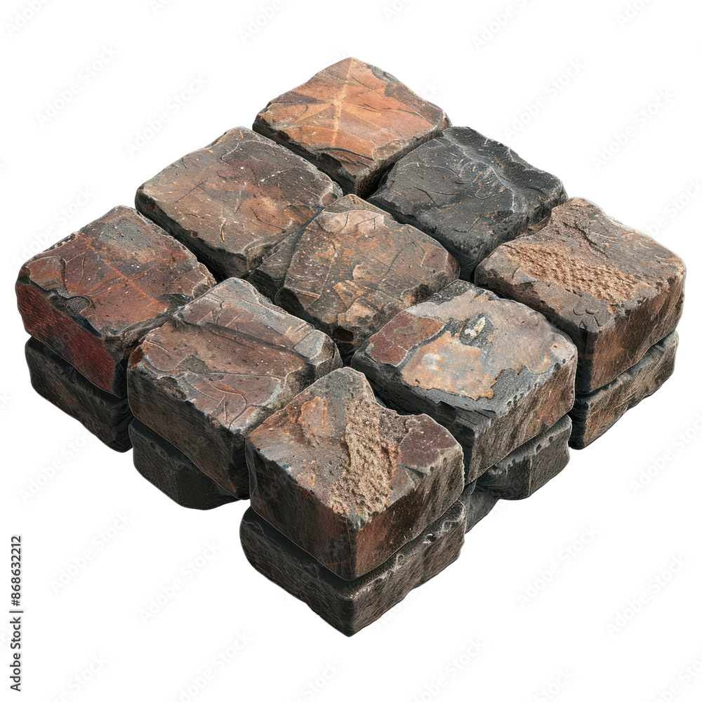 Poster close-up of a collection of weathered bricks with various earthy tones, arranged neatly in a block p