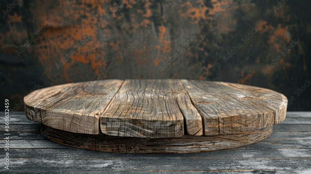 Poster rustic round wood tabletop on dark background. empty round wood tabletop on dark background for prod