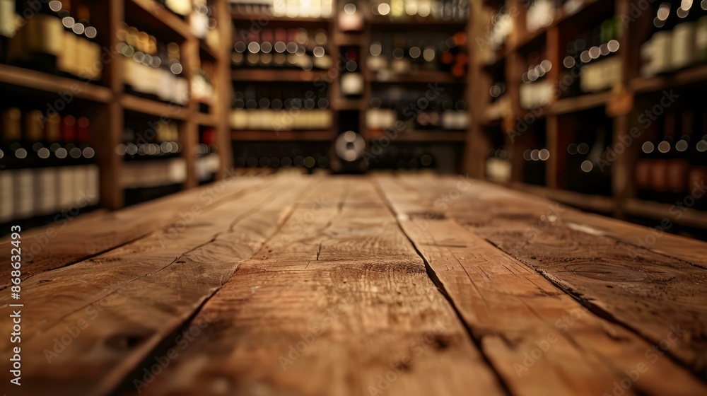 Poster rustic wine cellar table. empty wooden table in a wine cellar with blurred wine bottles background. 