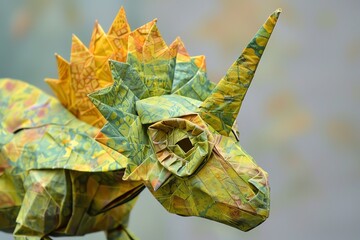 Fototapeta premium Creative and colorful origami dinosaur crafted from patterned paper, showcasing intricate folds and detailed design.