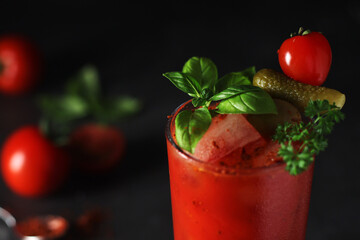 A glass with cold bloody mary cocktail	