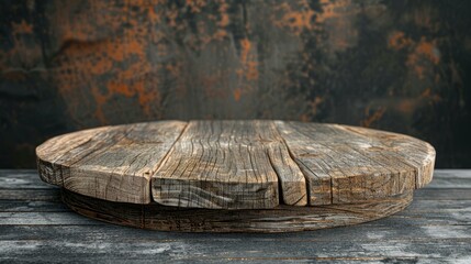 Rustic round wood tabletop on dark background. Empty round wood tabletop on dark background for product placement with copy space