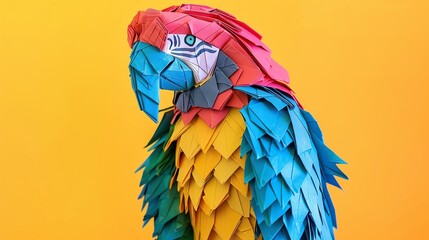 Obraz premium Colorful paper macaw parrot crafted from origami paper against a vibrant yellow background, showcasing intricate detail and artistry.