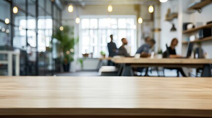Empty desk in modern office. Wooden table with blurred background of modern office space, ideal for product placement or business concept.