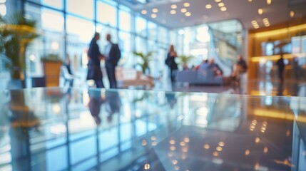 Blurry business people in office lobby. Blurred image of corporate office lobby with professionals networking by large windows, perfect background for business themes.