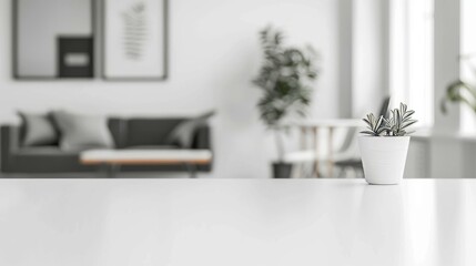 Minimalist home interior with plant on table. Bright and airy living room with white table in focus, perfect for product placement.