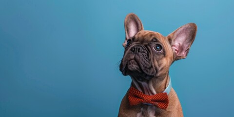 Fototapeta premium Charming French Bulldog puppy wearing a bowtie, looking up thoughtfully, plain light blue studio background, ample copy space on the right.