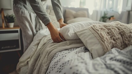 A cozy bedroom being tidied up, with someone making the bed, arranging pillows, and straightening up the nightstand.