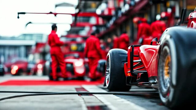 Formula 1 Pit Stop: Red Race Car Awaits Tire Change as Team in Red Uniforms Prepares for Lightning-Fast Service.